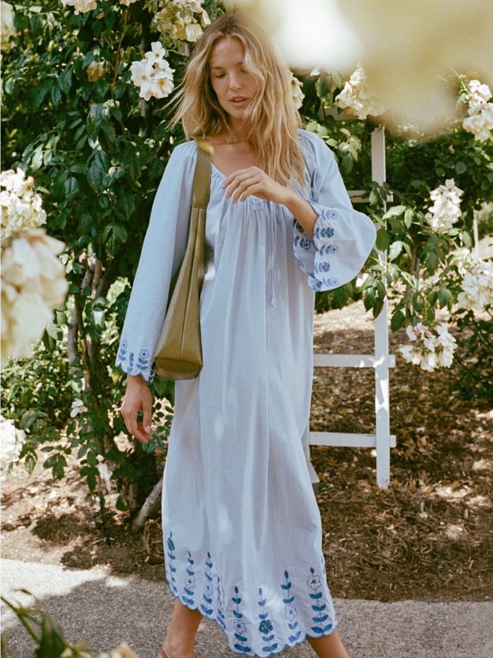 Christy Dawn Sloane Embroidered Cotton Maxi Dress Celeste Small EUC